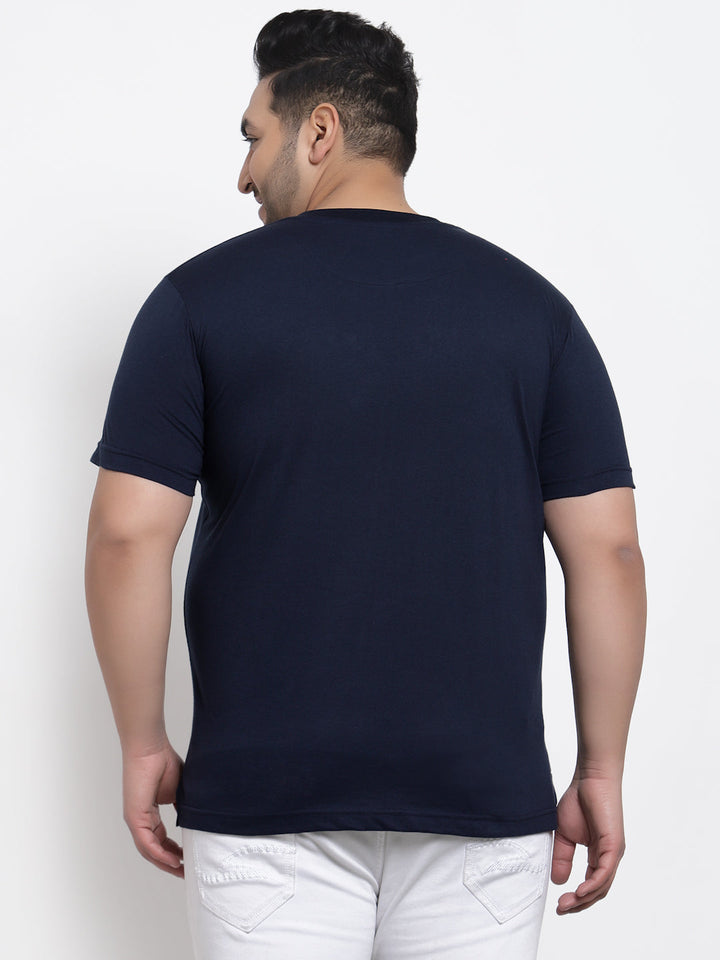 Men Plus Size Navy Blue & Yellow Typography Printed Cotton T-shirt