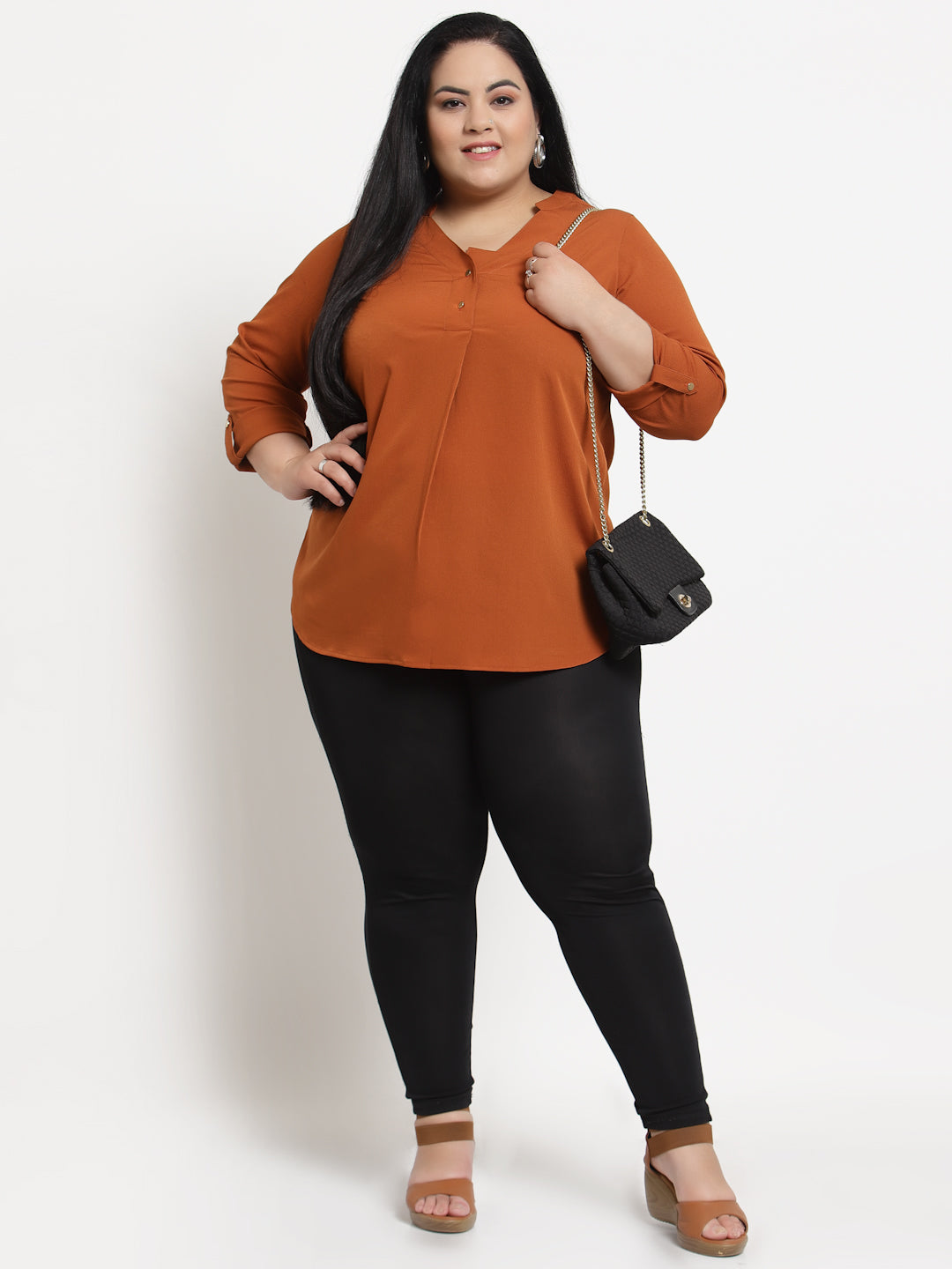 plusS Women Plus Size Rust Orange Mandarin Collar Roll-Up Sleeves Top