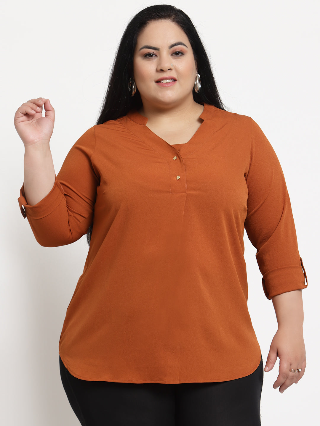 plusS Women Plus Size Rust Orange Mandarin Collar Roll-Up Sleeves Top