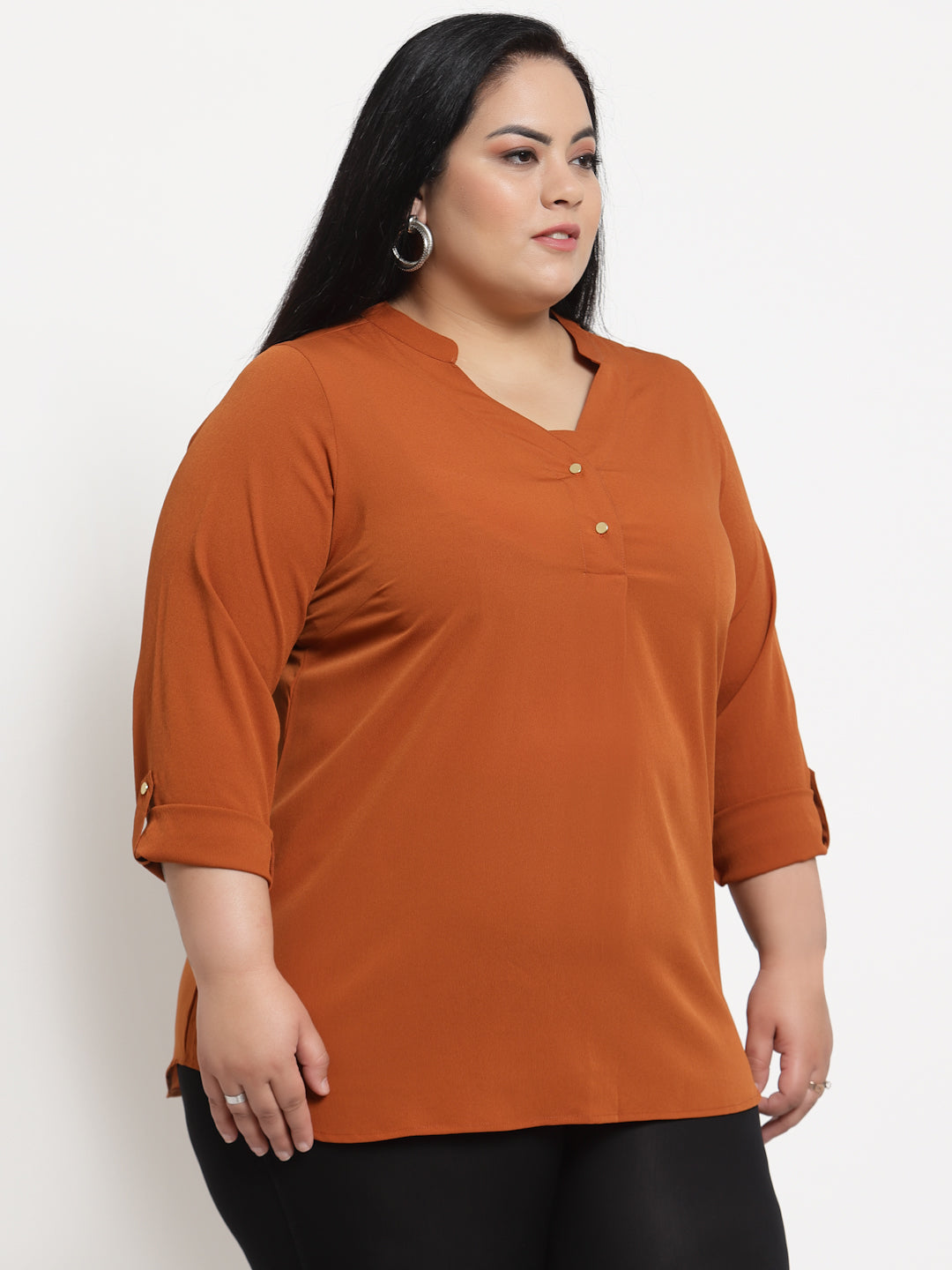 plusS Women Plus Size Rust Orange Mandarin Collar Roll-Up Sleeves Top