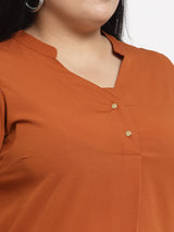 plusS Women Plus Size Rust Orange Mandarin Collar Roll-Up Sleeves Top