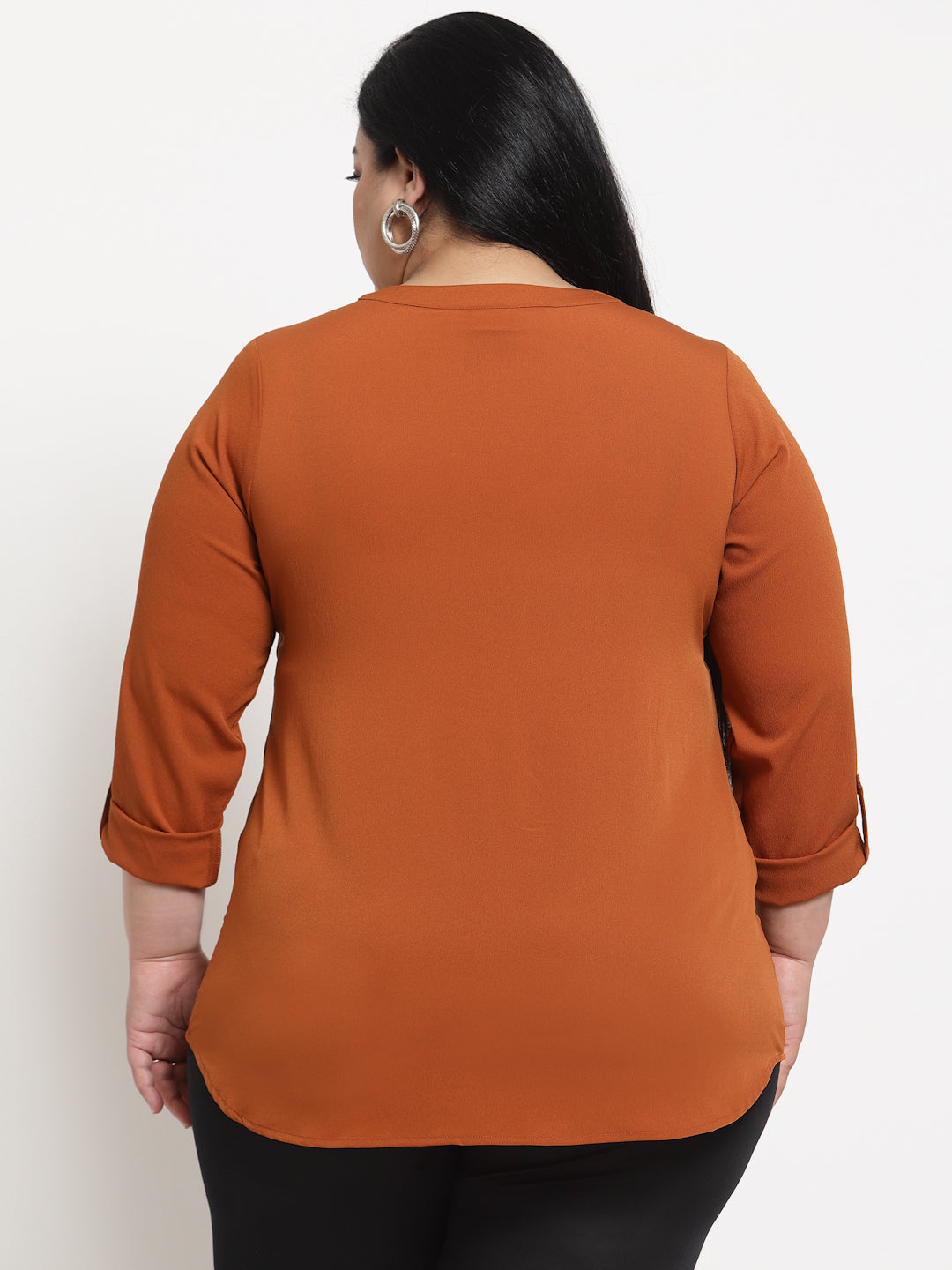 plusS Women Plus Size Rust Orange Mandarin Collar Roll-Up Sleeves Top