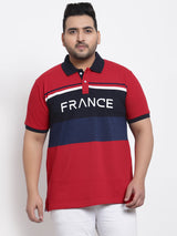 plusS Men Red  Navy Blue Typography Printed Polo Collar T-shirt