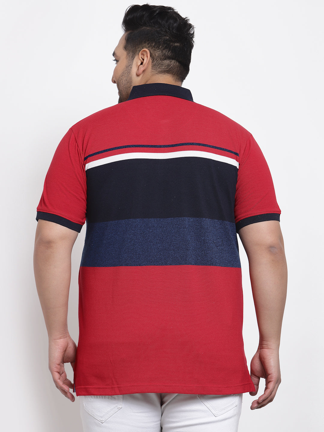 plusS Men Red  Navy Blue Typography Printed Polo Collar T-shirt