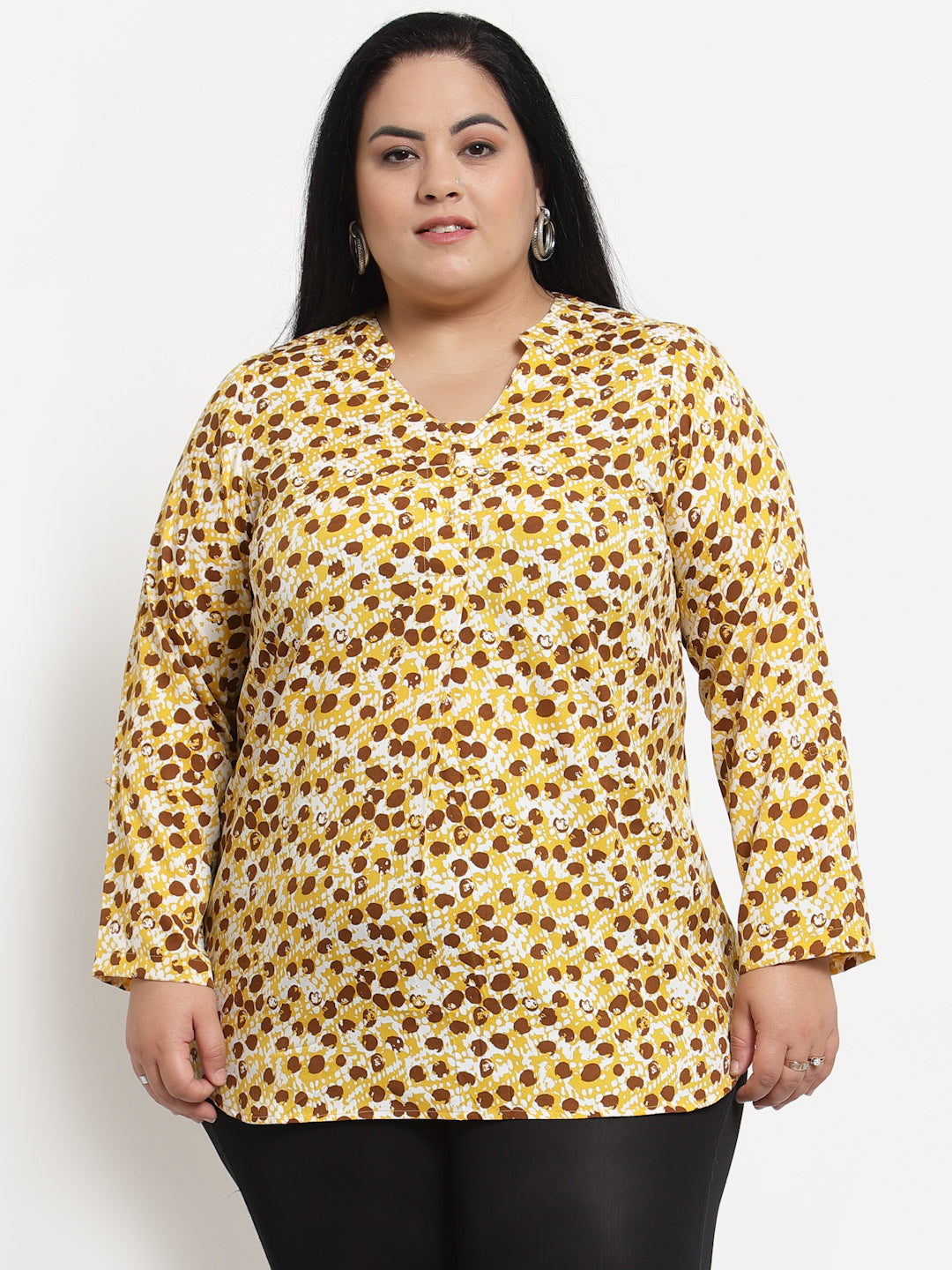 plusS Women Plus Size Yellow  Brown Abstract Printed Top