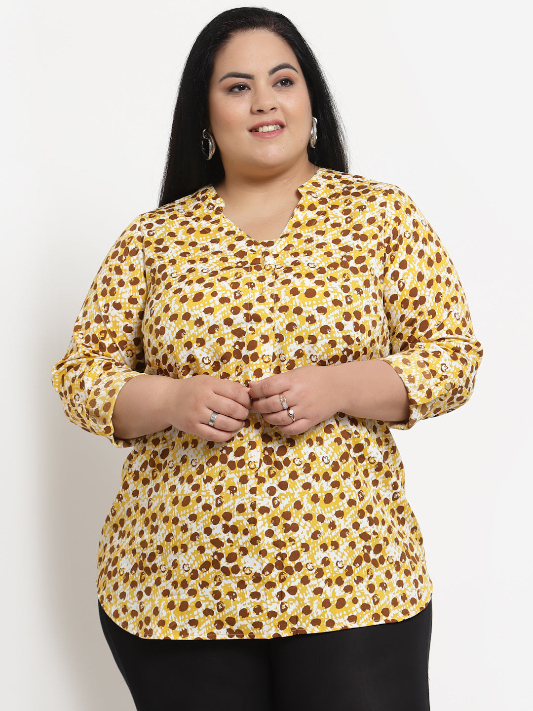 plusS Women Plus Size Yellow  Brown Abstract Printed Top