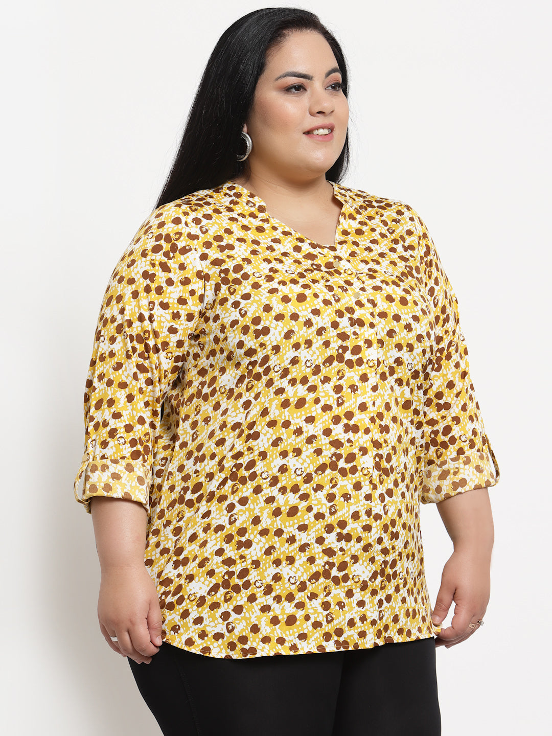 plusS Women Plus Size Yellow  Brown Abstract Printed Top