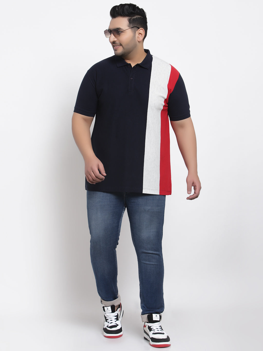 Men Navy Blue & White Colourblocked Polo Collar T-shirt