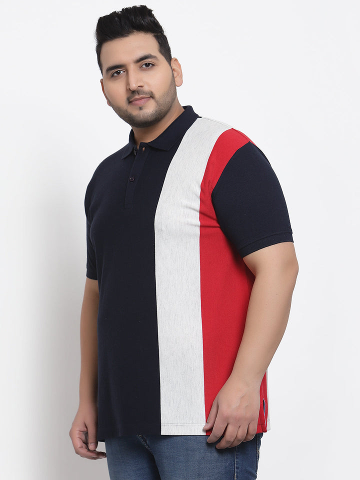 Men Navy Blue & White Colourblocked Polo Collar T-shirt