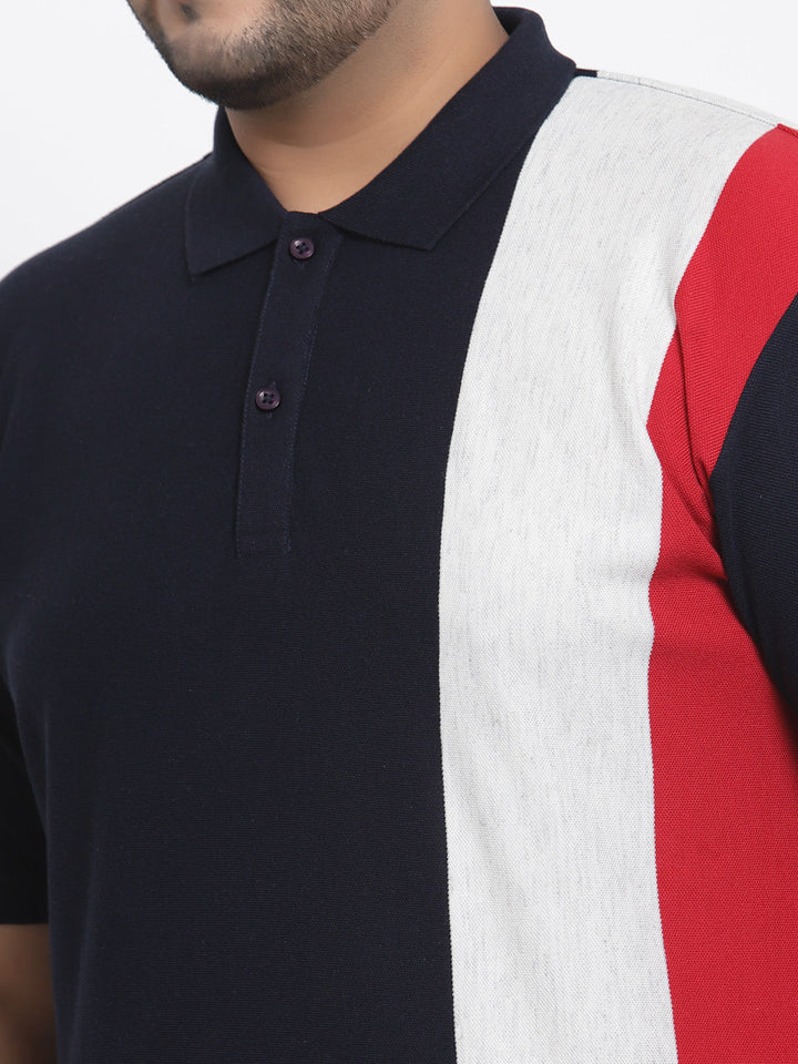 Men Navy Blue & White Colourblocked Polo Collar T-shirt