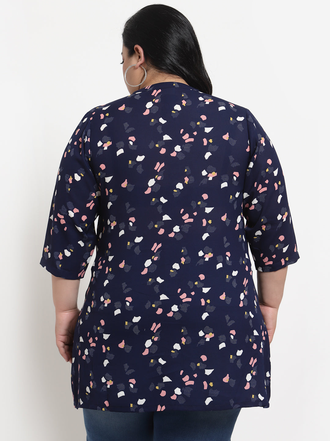 plusS Plus Size Women Navy Blue  Pink Mandarin Collar Printed Tunic