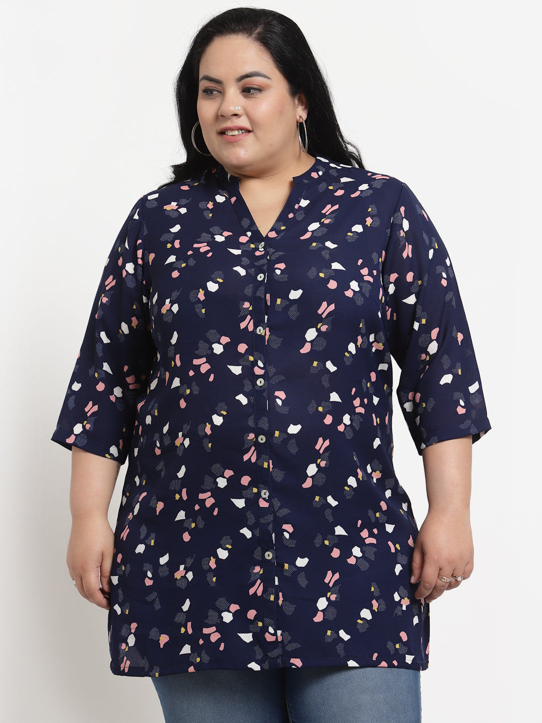 plusS Plus Size Women Navy Blue  Pink Mandarin Collar Printed Tunic