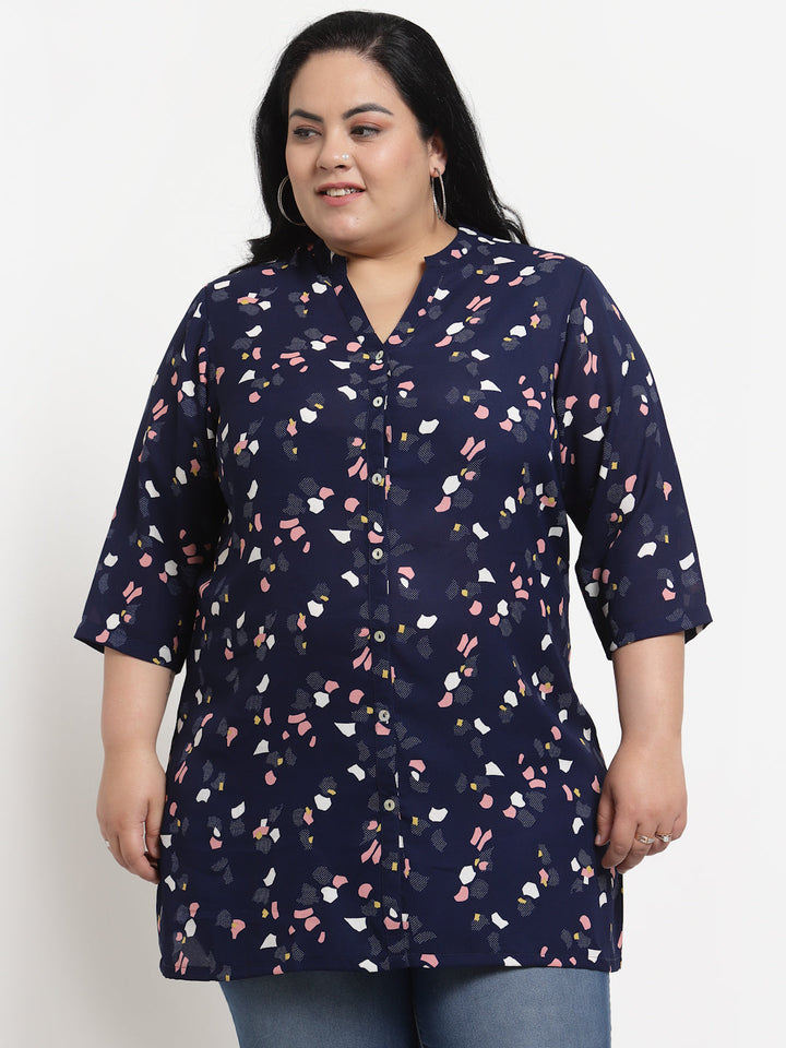 plusS Plus Size Women Navy Blue  Pink Mandarin Collar Printed Tunic