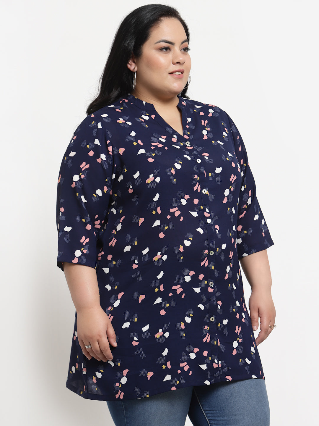 plusS Plus Size Women Navy Blue  Pink Mandarin Collar Printed Tunic