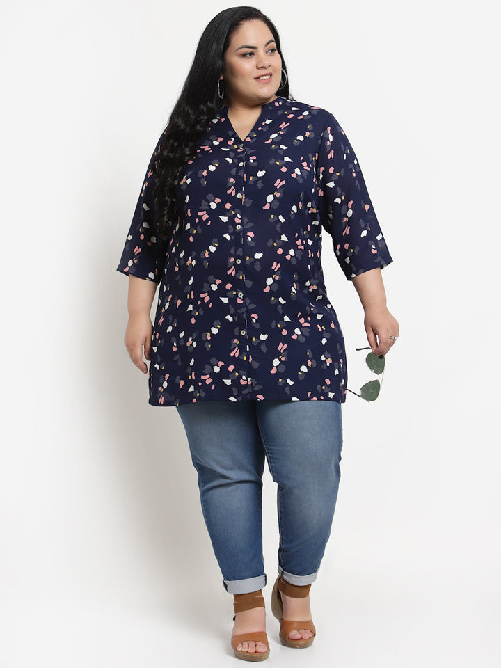 plusS Plus Size Women Navy Blue  Pink Mandarin Collar Printed Tunic