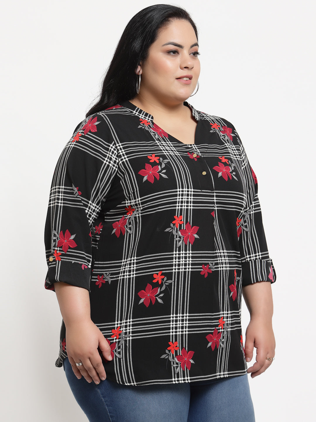 plusS Plus Size Black Checked Mandarin Collar Roll-Up Sleeves Top