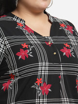 plusS Plus Size Black Checked Mandarin Collar Roll-Up Sleeves Top