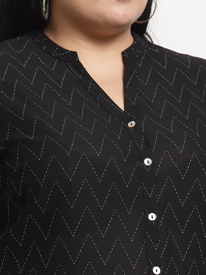 plusS Black  White Mandarin Collar Striped Tunic