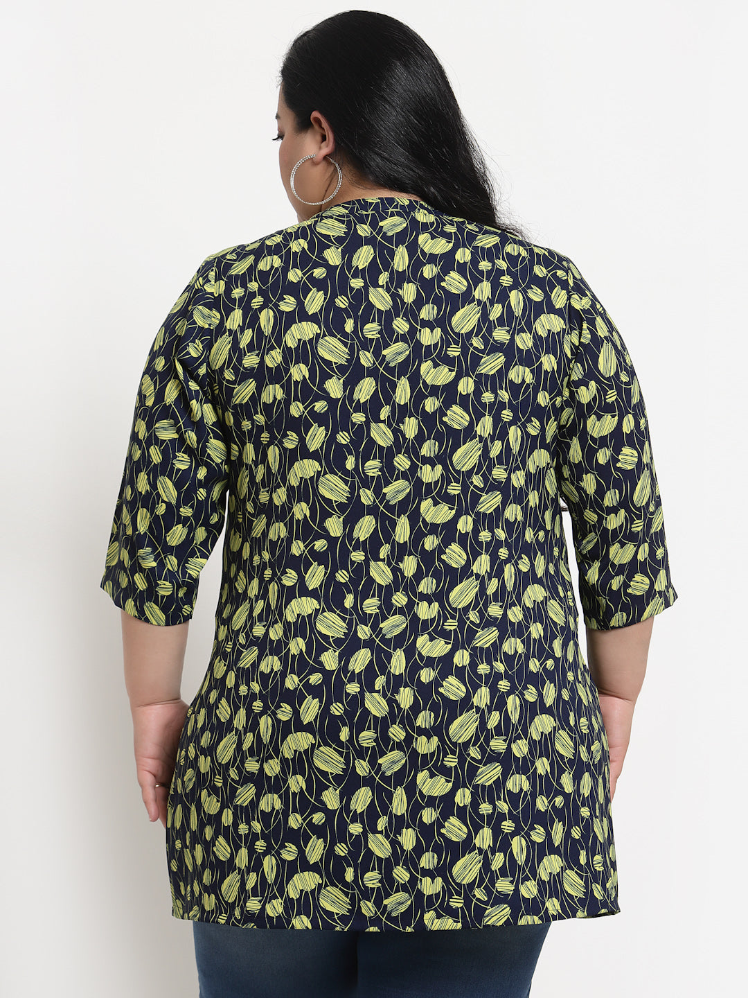 plusS  Plus Size Navy Blue  Black Mandarin Collar Printed Tunic