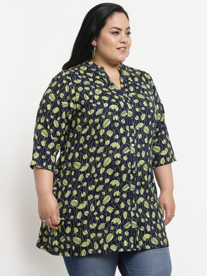 plusS  Plus Size Navy Blue  Black Mandarin Collar Printed Tunic