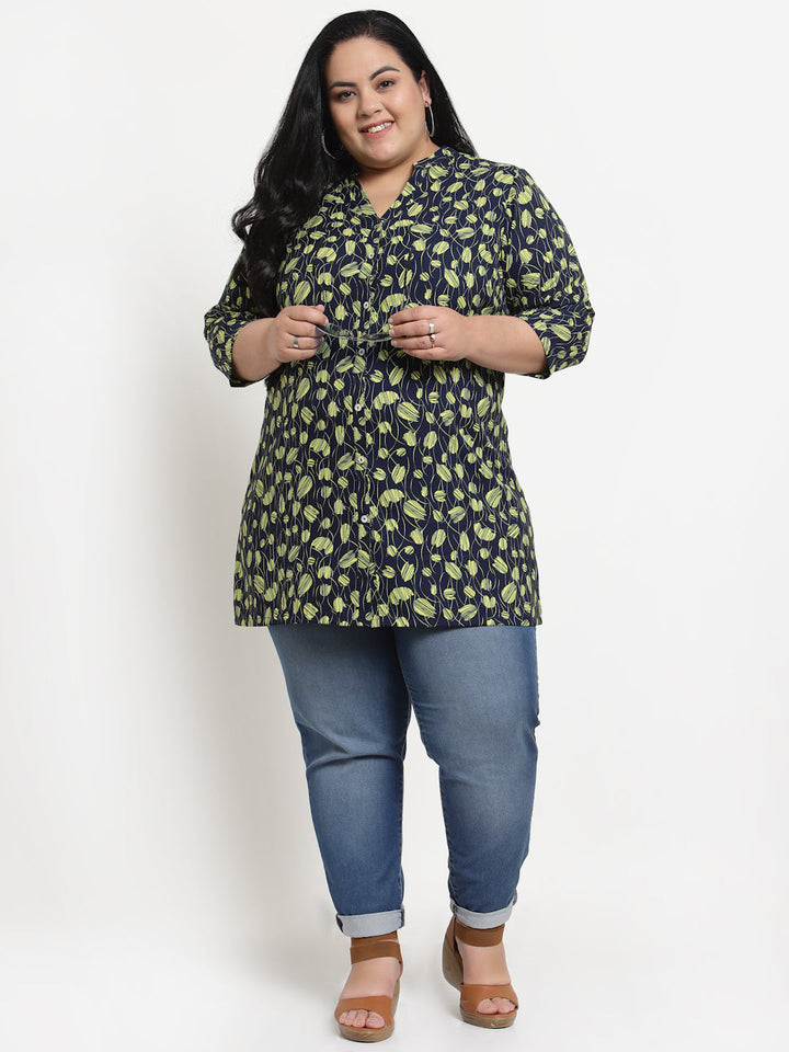 plusS  Plus Size Navy Blue  Black Mandarin Collar Printed Tunic