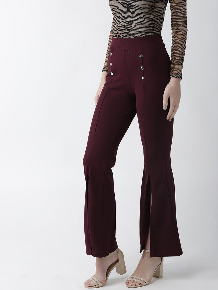 plusS Women Burgundy Regular Fit Solid Bootcut Trousers