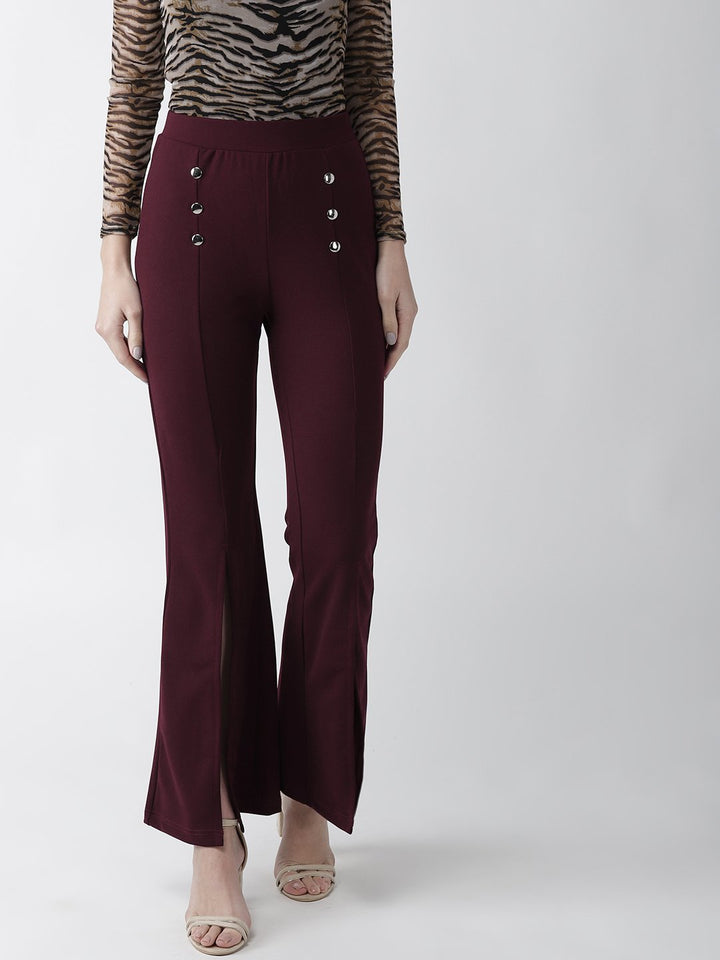 plusS Women Burgundy Regular Fit Solid Bootcut Trousers