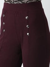 plusS Women Burgundy Regular Fit Solid Bootcut Trousers