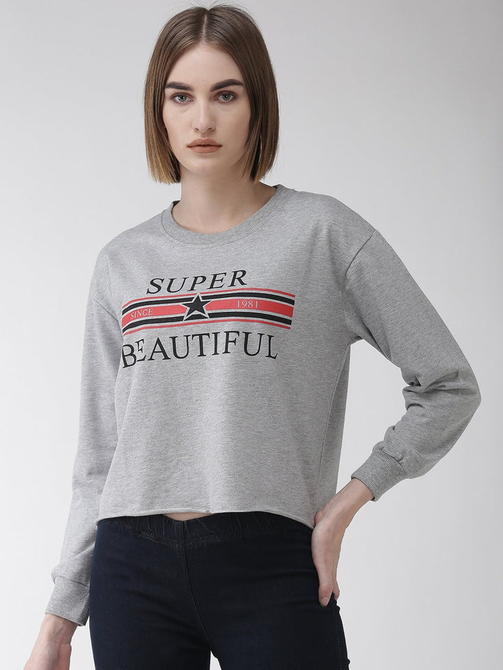 plusS Women Grey Melange Printed Cropped Sweatshirt