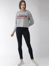 plusS Women Grey Melange Printed Cropped Sweatshirt