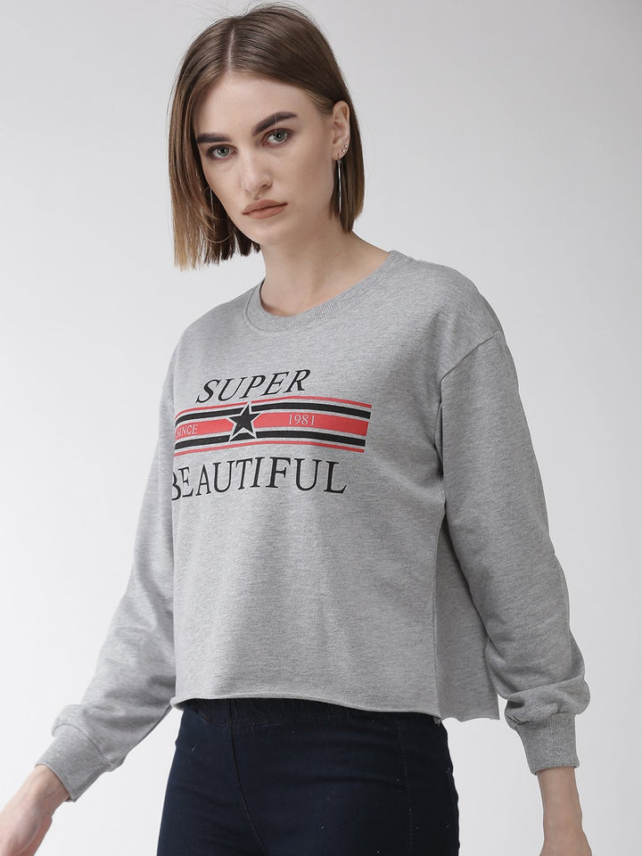 plusS Women Grey Melange Printed Cropped Sweatshirt