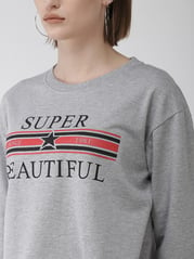 plusS Women Grey Melange Printed Cropped Sweatshirt