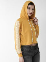plusS Women Mustard Yellow Solid Hooded Crop Sweatshirt