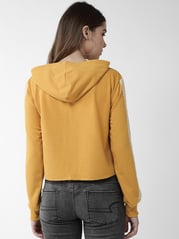 plusS Women Mustard Yellow Solid Hooded Crop Sweatshirt