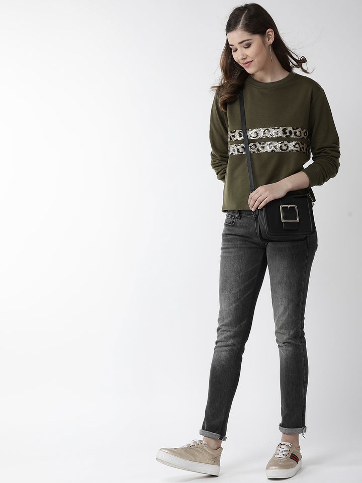 plusS Women Olive Green Solid Sweatshirt