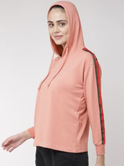 plusS Women Dusty Pink Solid Hooded Sweatshirt