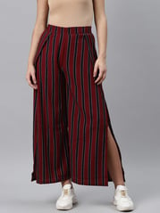 plusS Women Maroon  Black Striped Straight Palazzos with Side Slits