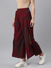 plusS Women Maroon  Black Striped Straight Palazzos with Side Slits