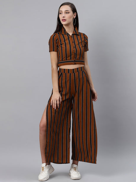 plusS Sassy Brown and Navy Blue Striped Straight Fit Palazzos