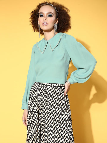 plusS Blue Solid Zoom Friendly Collar Top