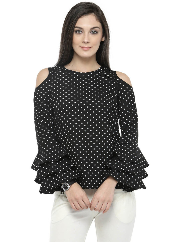 plusS Black Polka Dots Bell Sleeves Top