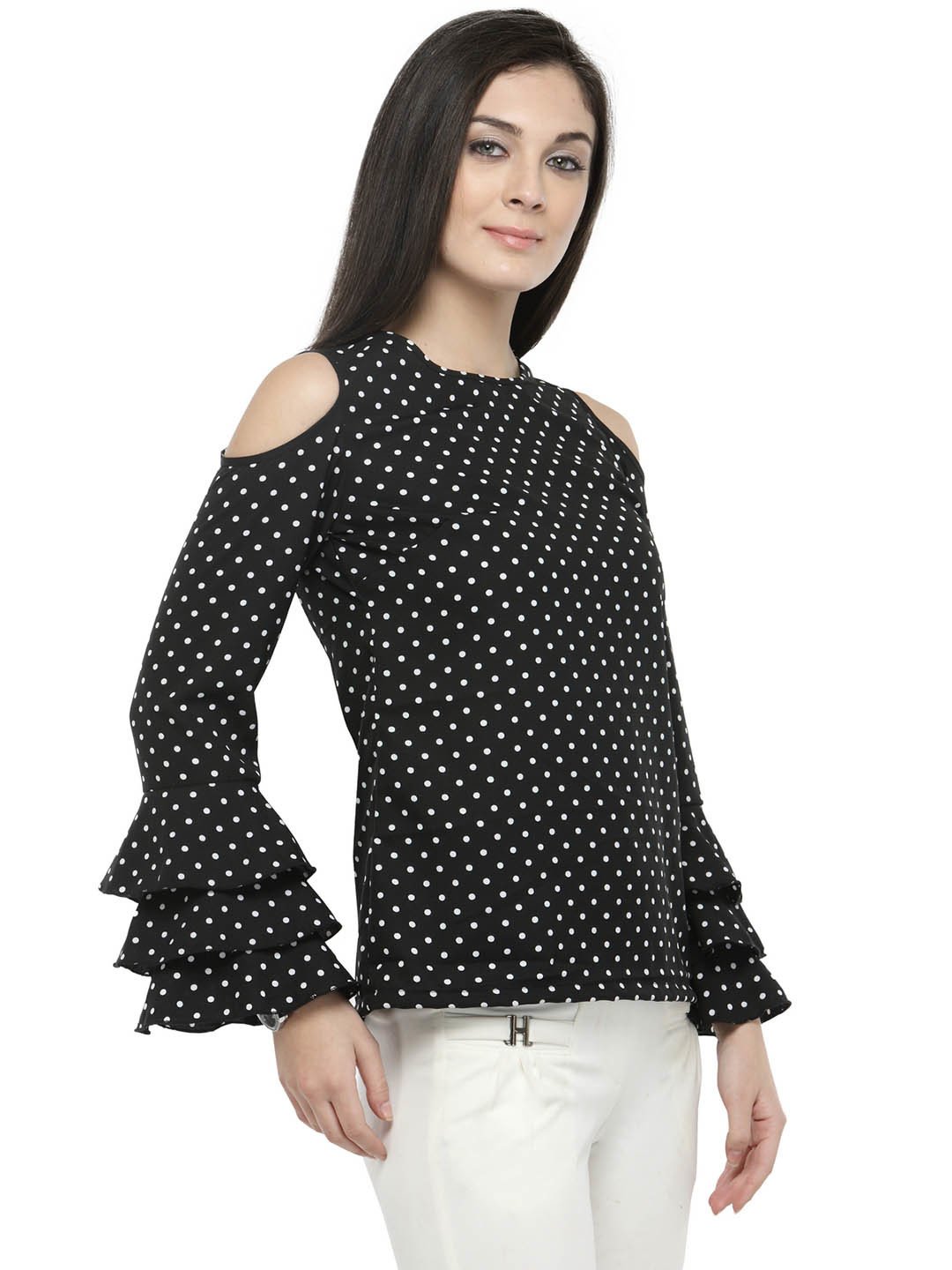 plusS Black Polka Dots Bell Sleeves Top