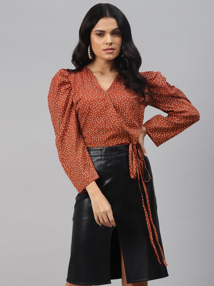 plusS Vintage Rust and White Polka Dots Tie-Up Crop Top