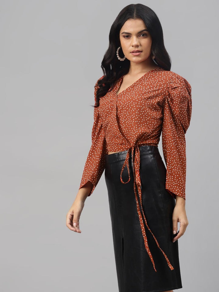 plusS Vintage Rust and White Polka Dots Tie-Up Crop Top