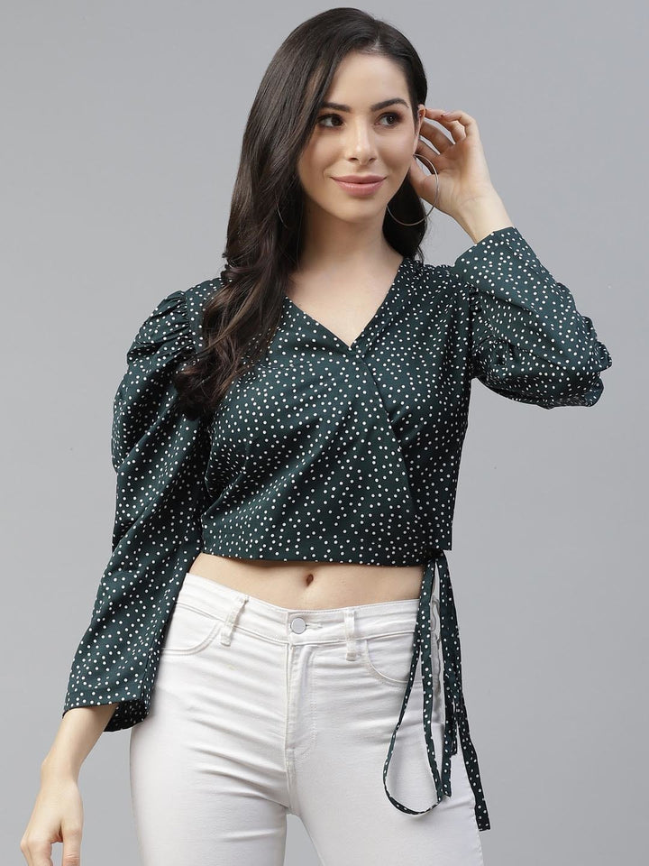 plusS Green  White Puff Sleeve Wrap Crop Top