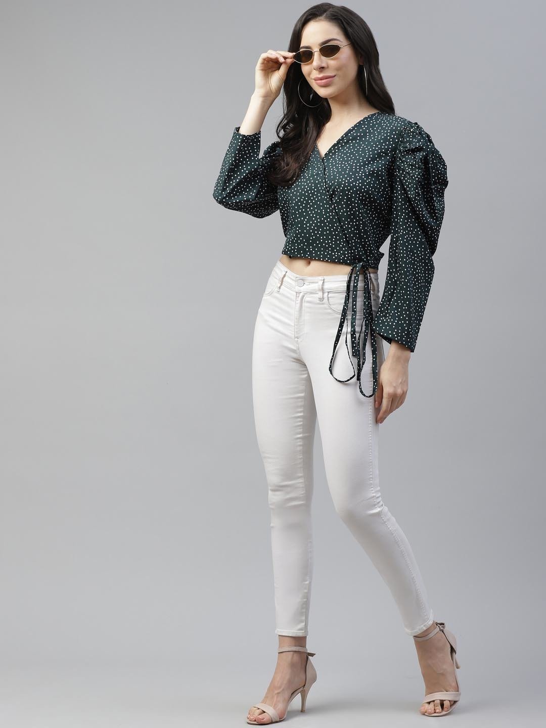 plusS Green  White Puff Sleeve Wrap Crop Top