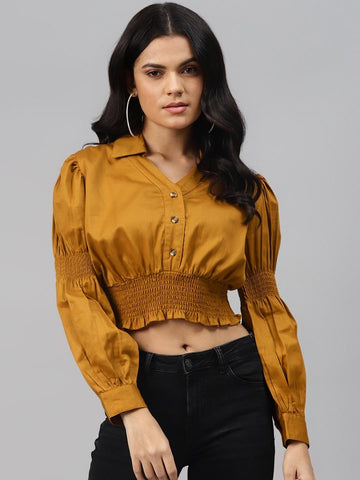 plusS Classic Mustard Solid Smocked Crop Top