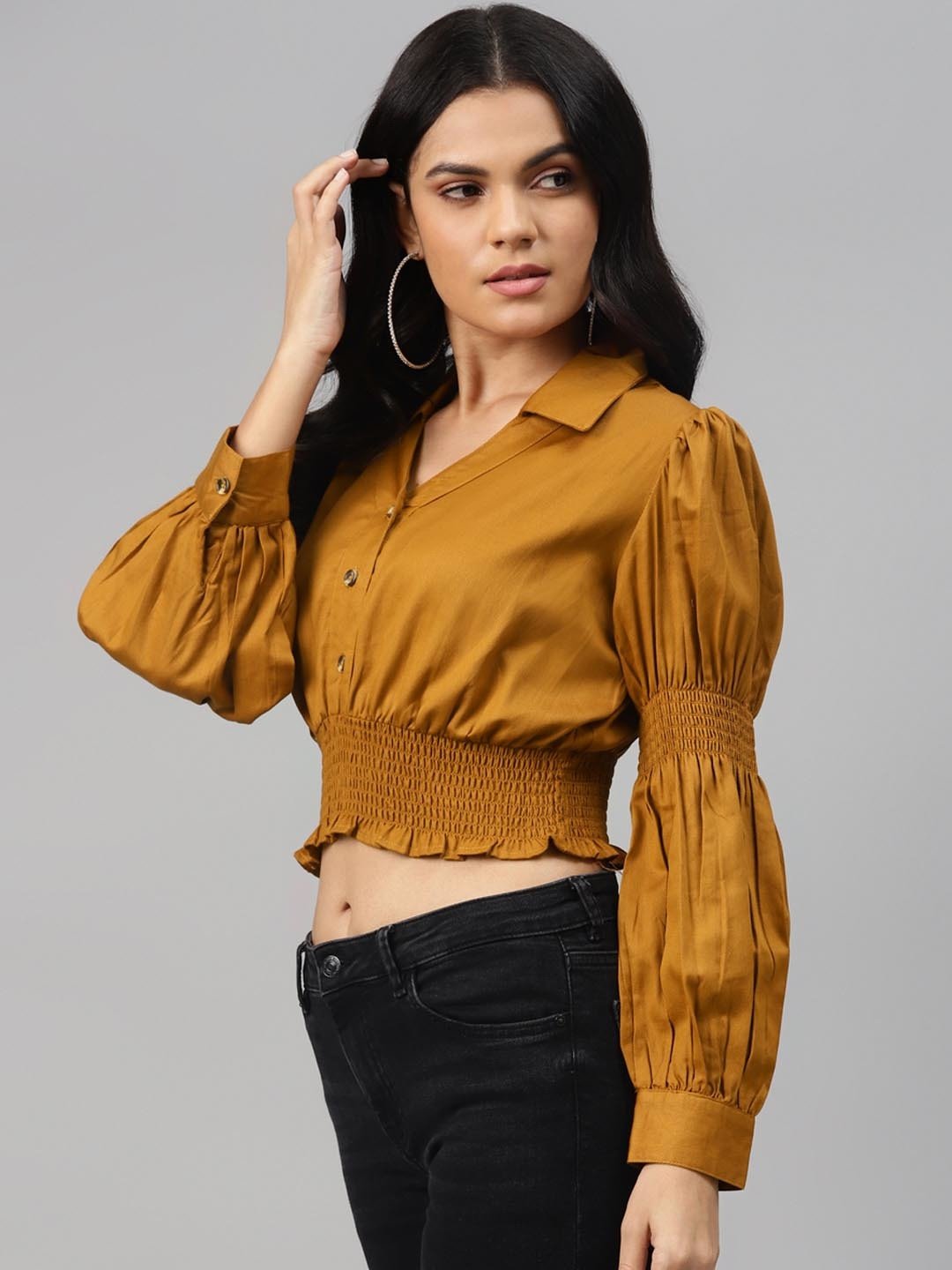 plusS Classic Mustard Solid Smocked Crop Top