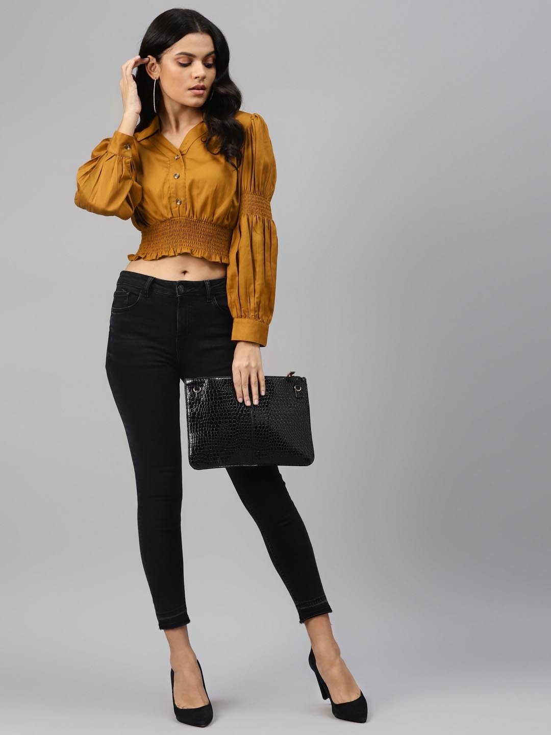 plusS Classic Mustard Solid Smocked Crop Top