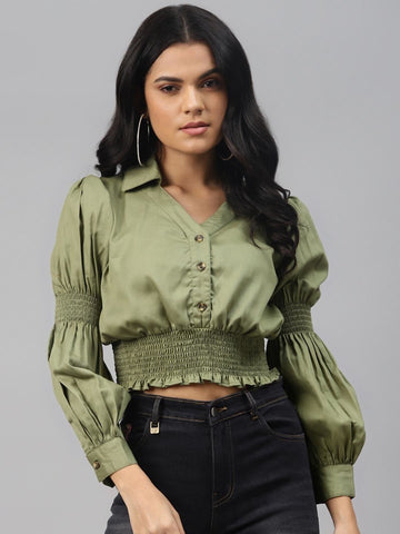 plusS Splendid Olive Solid Smocked Crop Top